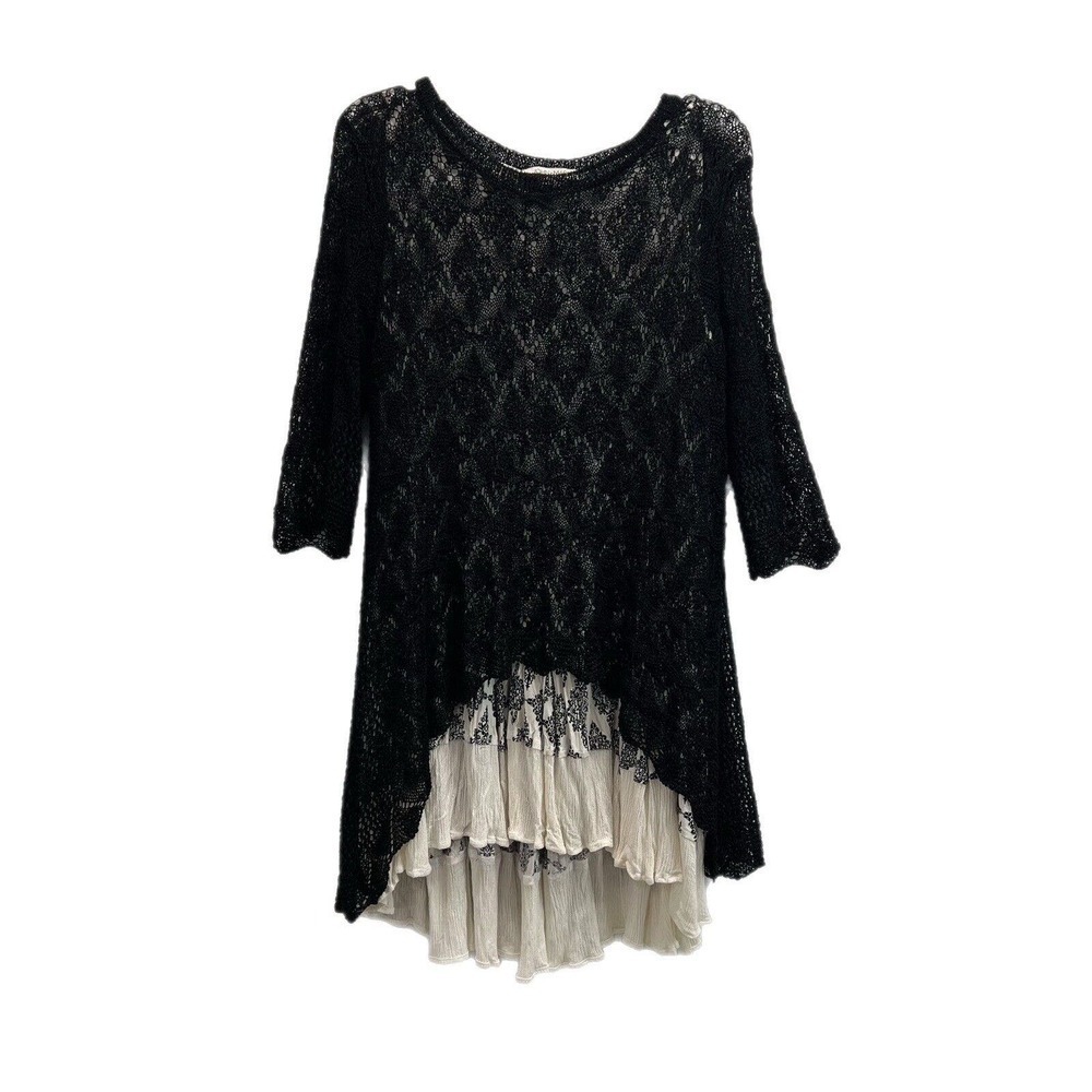 JOHN MARK Tunic Women SMALL Lace Crochet Overlay Floral Black Cream 3/4 Sleeves